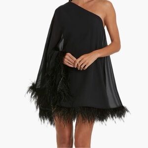Mac Duggal Black One-Shoulder Dress with Feather Trim